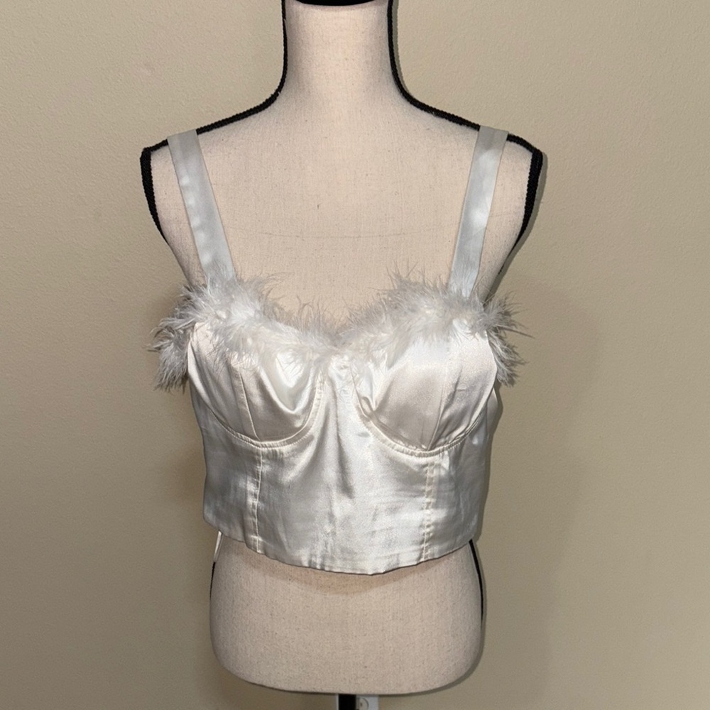 Elegant White Satin Feather-Trimmed Camisole